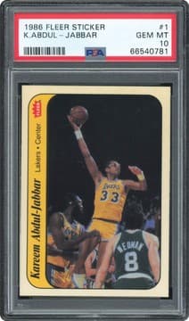 Kareem Abdul-Jabbar 1986 Fleer Sticker #1 Kareem Abdul-Jabbar PSA 10 GEM MINT card from Card Ladder