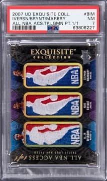 Allen Iverson 2007-08 UD "Exquisite Collection" All NBA Access Triple Logoman Patch #NBA-BIM Allen Iverson/Kobe Bryant/Stephon Marbury Game Used Patch Card (#1/1) - PSA NM 7 card from Card Ladder