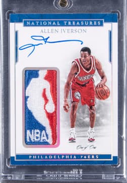 Allen Iverson 2016-17 Panini National Treasures "Logoman Autographs" #46 Allen Iverson Signed "NBA Logoman" Game Used Patch Card (#1/1) - BGS NM-MT 8/BGS 10 card from Card Ladder