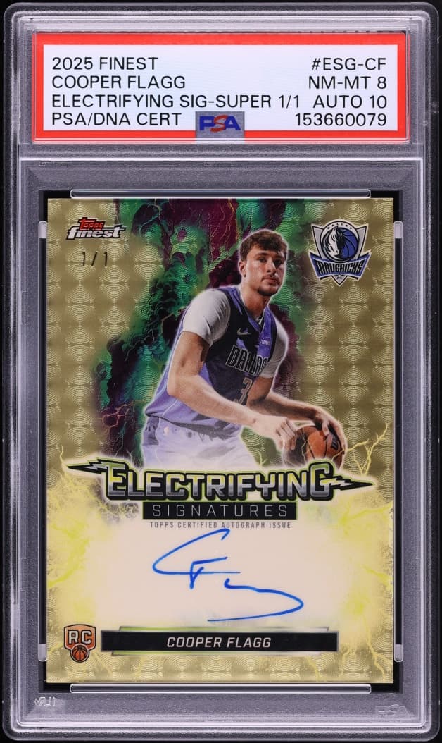 Cooper Flagg 2025 Finest Electrifying Super Cooper Flagg ROOKIE AUTO DNA 10 1/1 #ESG-CF PSA 8 NM-MT card from Card Ladder