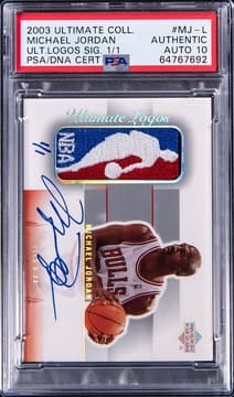 Michael Jordan 2003-04 Upper Deck Ultimate Collection Ultimate Logos Signature #MJ-L Michael Jordan Signed Game-Used Logoman Patch Card (#1/1) - PSA Authentic, PSA/DNA GEM MT 10 card from Card Ladder