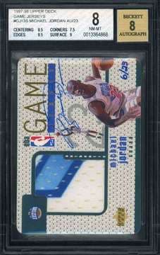 Michael Jordan 1997-98 Upper Deck (UD) #GJ13S Michael Jordan Game Jerseys Autograph /23 BGS 8/Auto 8 card from Card Ladder