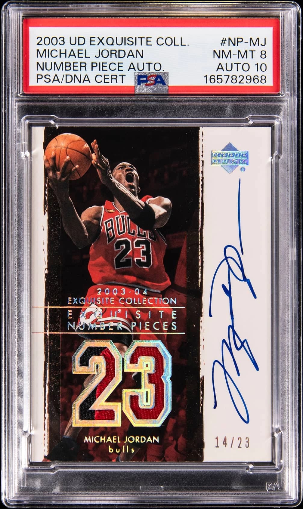 2003-04 Exquisite Michael Jordan Number Pieces Autograph PSA 8 Auto 10, serial 14/23, sold at Goldin for $1,464,000