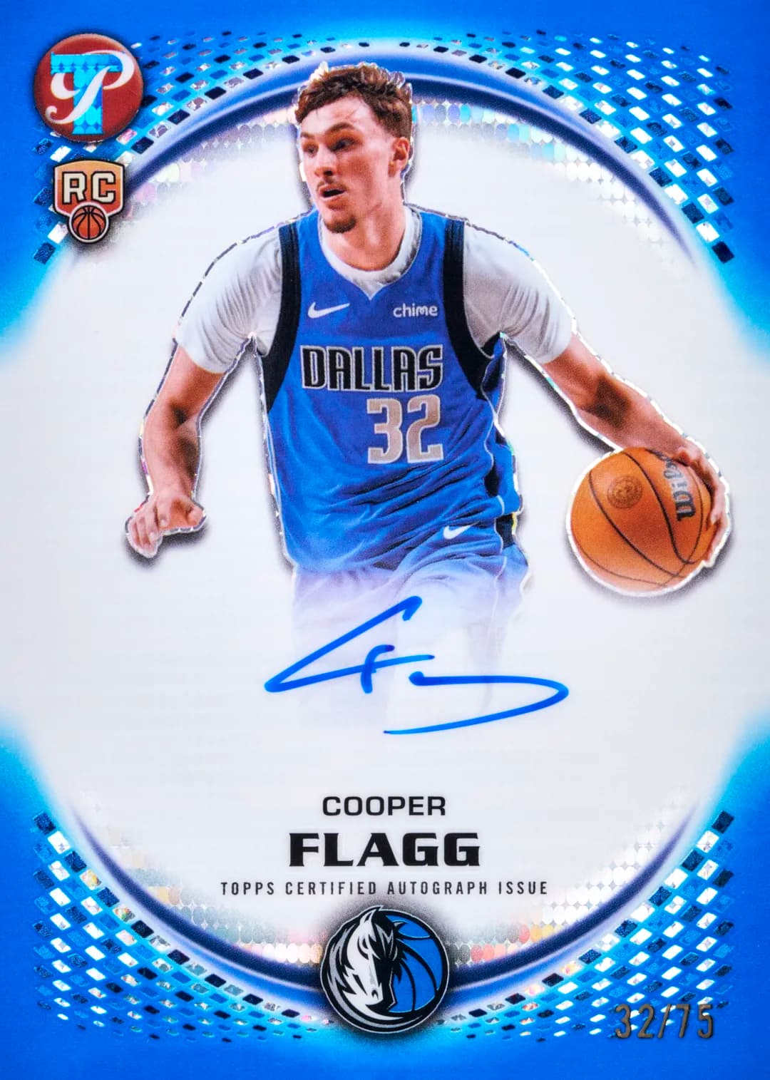 Cooper Flagg 2025-26 Topps Pristine rookie autograph, blue parallel numbered 32/75 — Topps promotional image