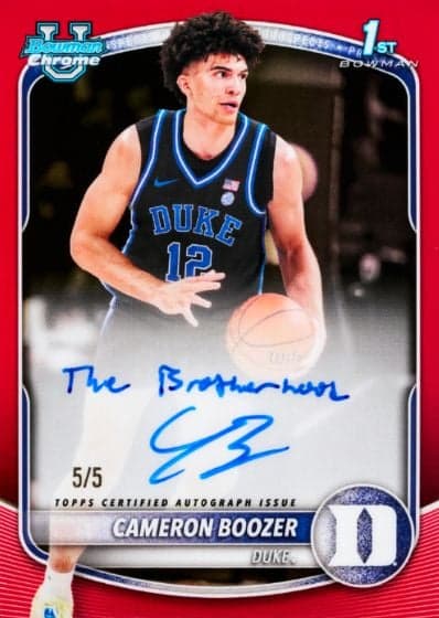 2025-26 Bowman Chrome Cameron Boozer Red Refractor Autograph basketball card