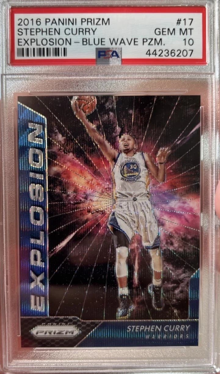 2016-17 Panini Prizm Explosion Blue Wave Prizm Stephen Curry #17 clean example scan