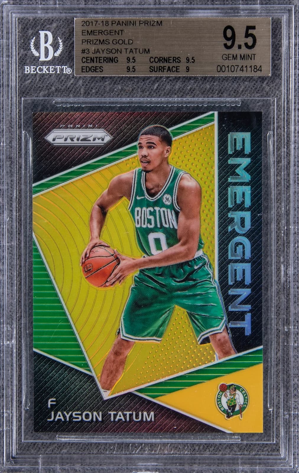 2017-18 Panini Prizm Emergent Gold Prizms Jayson Tatum #EM-JAY clean example scan