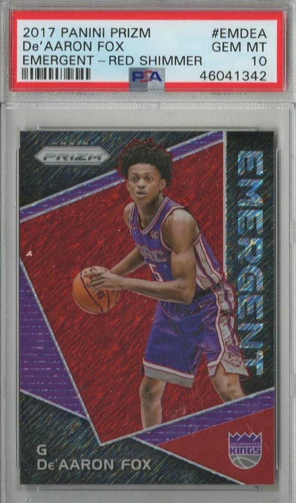 2017-18 Panini Prizm Emergent Red Shimmer Prizms De'Aaron Fox #EMDEA clean example scan