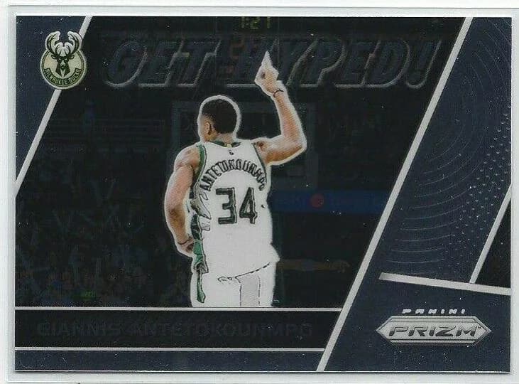 2017-18 Panini Prizm Get Hyped! Base Giannis Antetokounmpo #GH-GA clean example scan