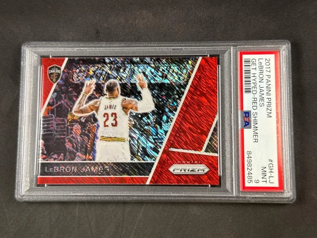 2017-18 Panini Prizm Get Hyped! Red Shimmer Prizms LeBron James #GH-LJ clean example scan