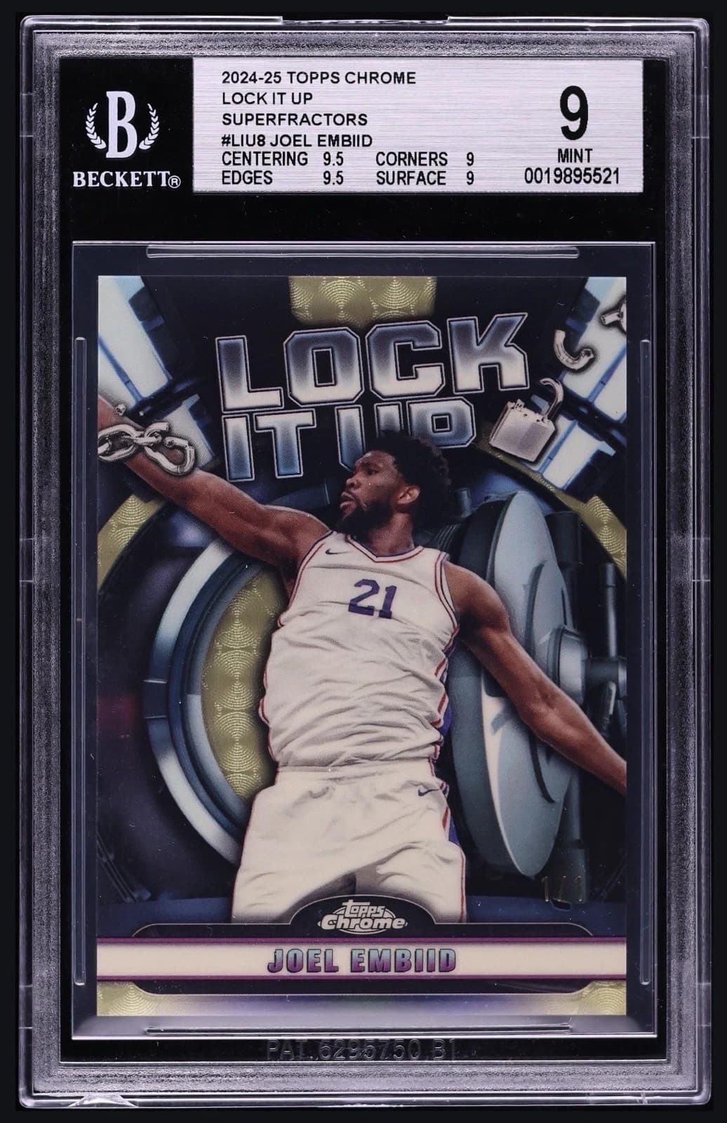 2024-25 Topps Chrome Lock It Up SuperFractor Joel Embiid exact clean example scan