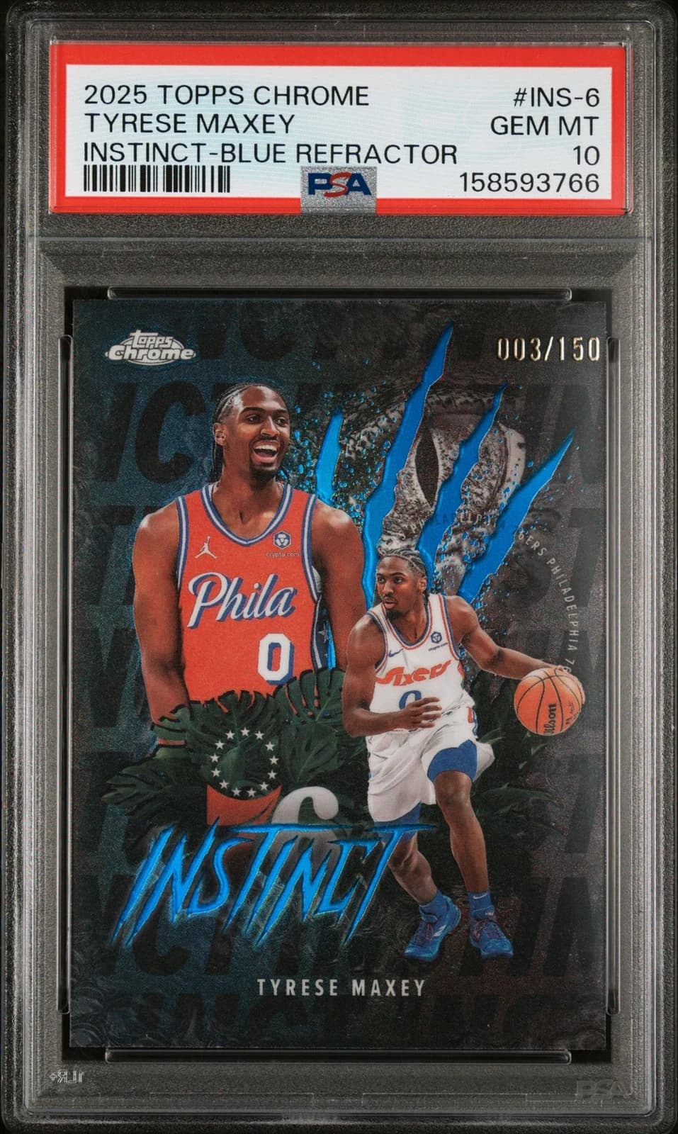 2025-26 Topps Chrome Instinct Blue Refractor Tyrese Maxey #INS-6 exact clean example scan