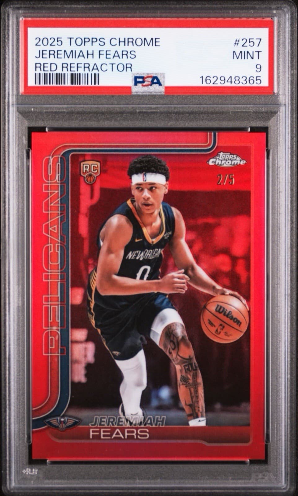 Jeremiah Fears 2025-26 Topps Chrome True Red Refractor Rookie #257 numbered to 5 basketball card