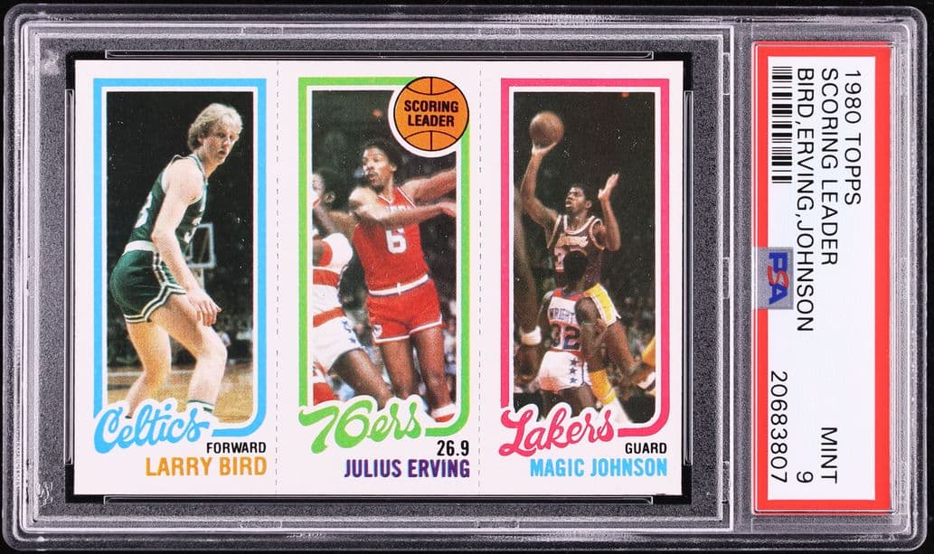 Magic Johnson 1980-81 Topps Bird Erving Magic Scoring Leader PSA 9 basketball card