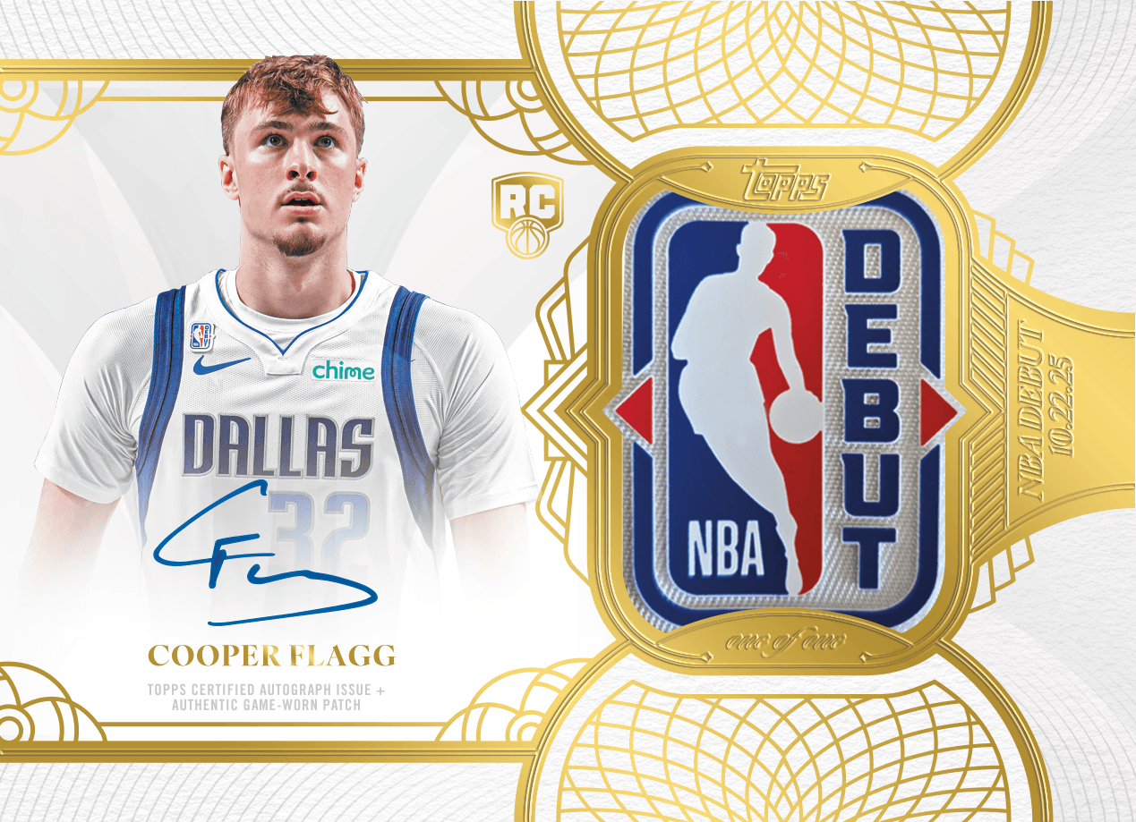Cooper Flagg 2025-26 Topps Chrome Updates NBA Rookie Debut Patch Autograph one-of-one with a game-used patch from his first NBA game