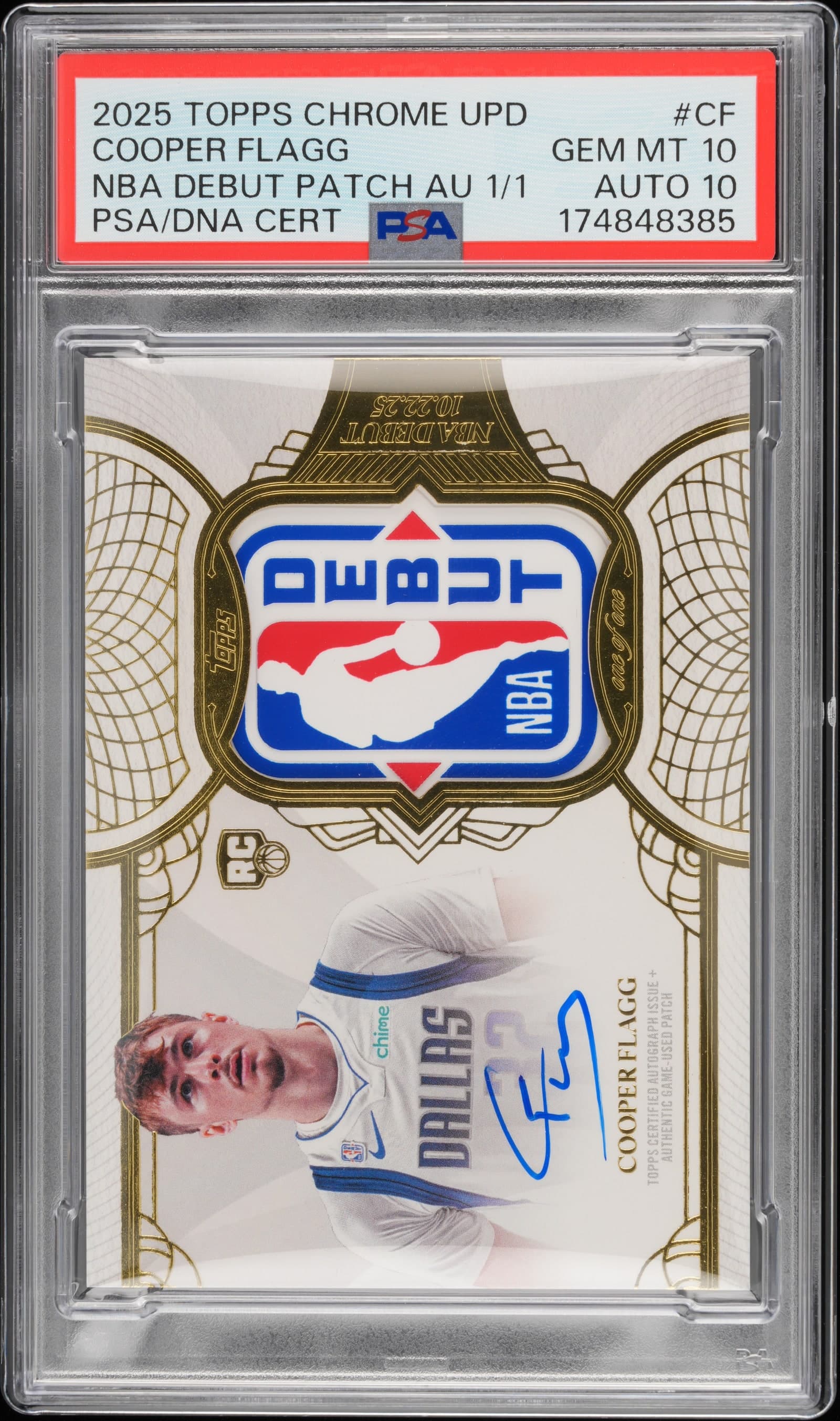 Cooper Flagg 2025-26 Topps Chrome Update NBA Rookie Debut Patch Autograph one-of-one graded PSA 10 with a PSA 10 autograph, cert 174848385