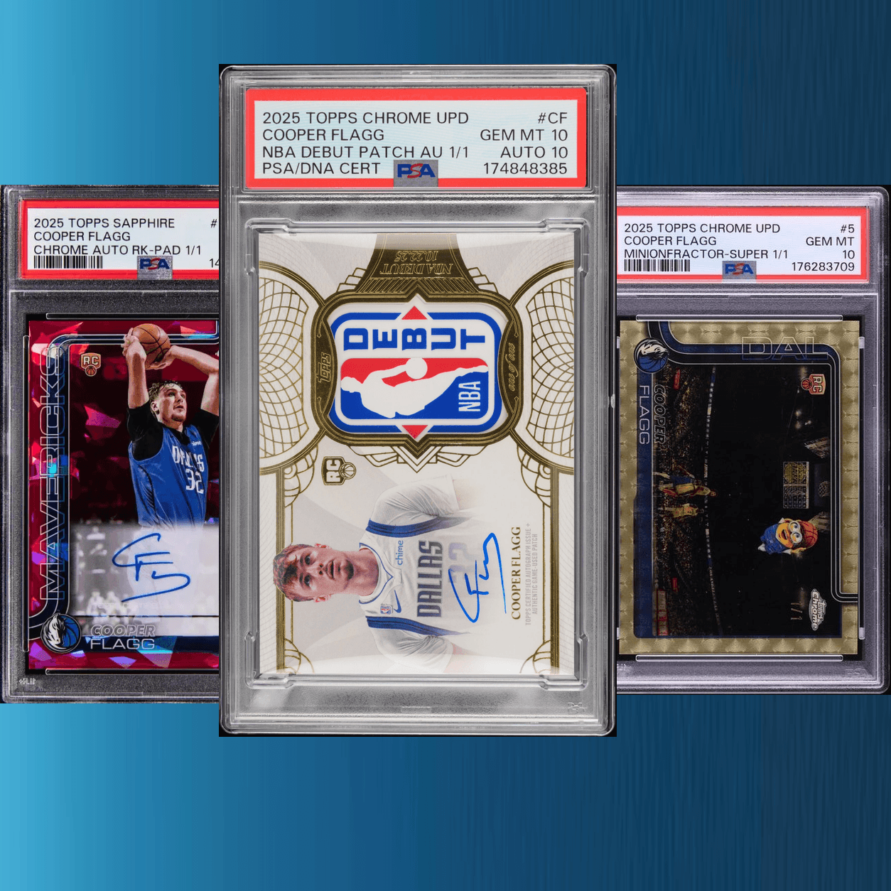 Three of Cooper Flagg's highest card sales: NBA Debut Patch Auto, Sapphire Padparadscha Auto and Minionfractor Superfractor
