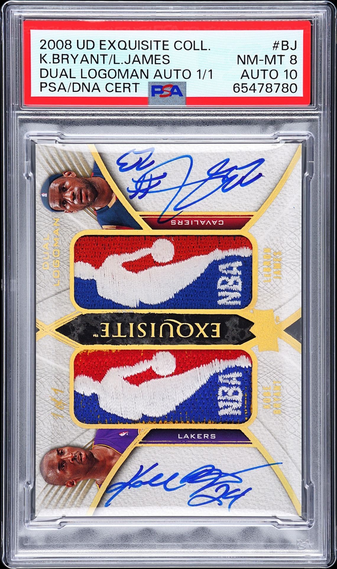 2007-08 Upper Deck Exquisite Collection Kobe Bryant and LeBron James Dual Logoman Autograph one-of-one graded PSA 8 with Auto 10, cert 65478780