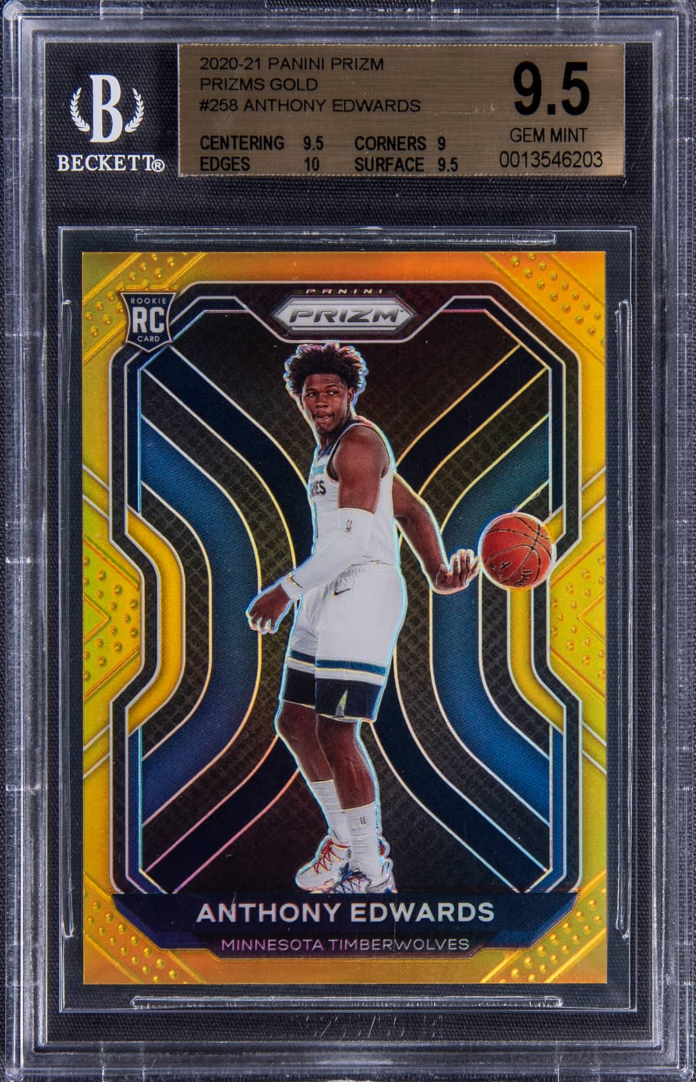 Anthony Edwards 2020-21 Panini Prizm Anthony Edwards Gold Prizm /10 Rookie #258 basketball card