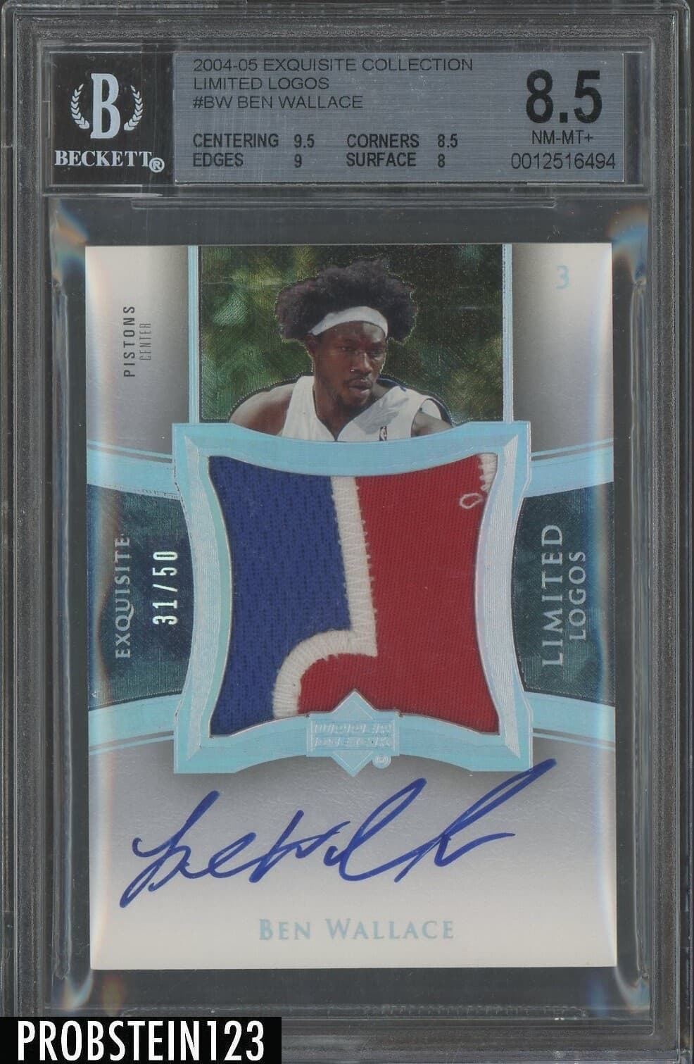 Ben Wallace 2004-05 Exquisite Limited Logos Ben Wallace 3-Color Patch /50 BGS 8.5 w/ 10 AUTO basketball card