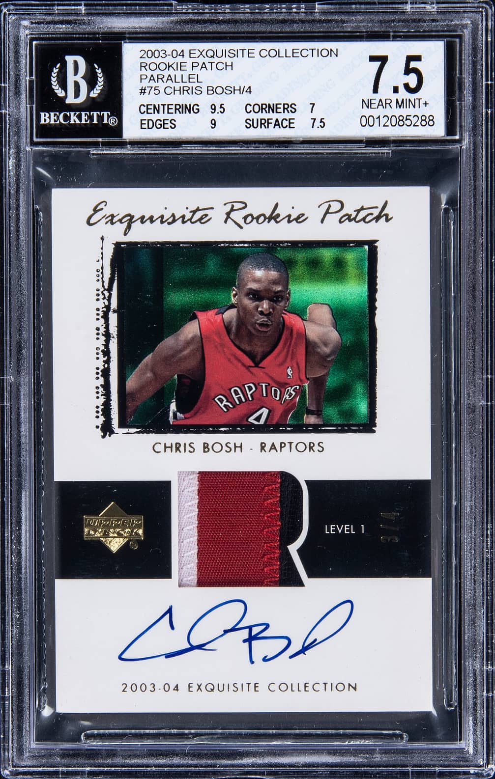 Chris Bosh 2003-04 Upper Deck Exquisite Collection Rookie Patch Parallel (RPP) #75 Chris Bosh Signed Patch Rookie Card (#3/4) - BGS NM+ 7.5, Beckett 10 basketball card