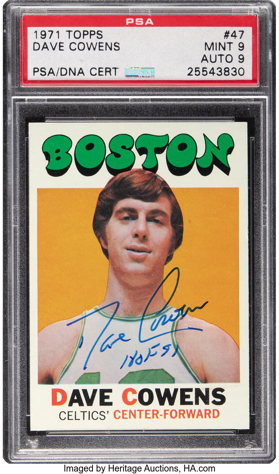 Dave Cowens Signed 1971 Topps Dave Cowens Rookie #47 PSA Mint 9, PSA/DNA Auto 9 - Pop One, None Higher! basketball card