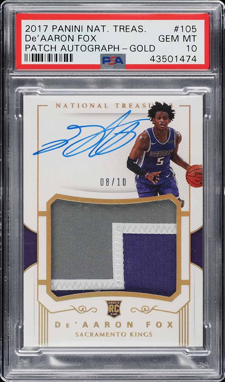 De'Aaron Fox 2017 National Treasures Gold De'Aaron Fox ROOKIE PATCH AUTO /10 #105 PSA 10 GEM premium autograph or memorabilia representative basketball card