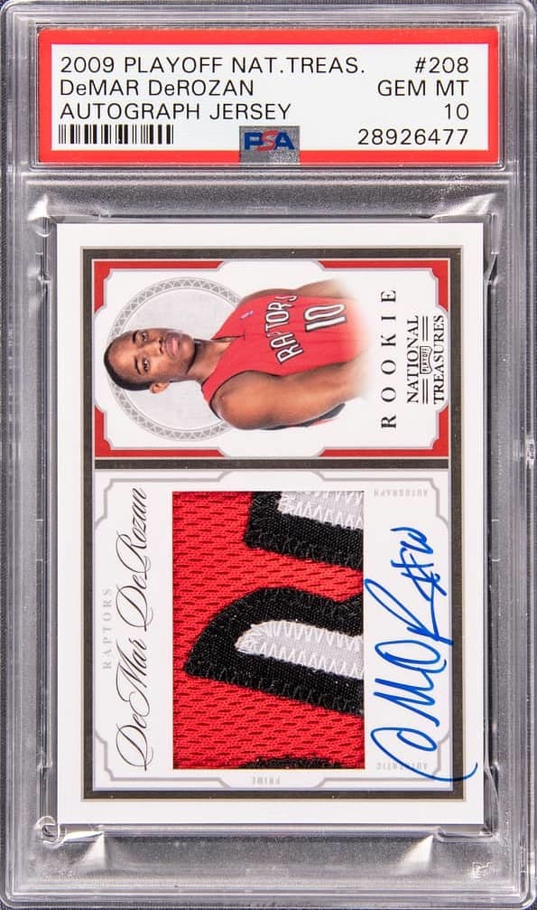 DeMar DeRozan 2009-10 Playoff National Treasures Autograph Jersey #208 DeMar DeRozan Signed Patch Rookie Card (#97/99) - PSA GEM MT 10 premium autograph or memorabilia representative basketball card