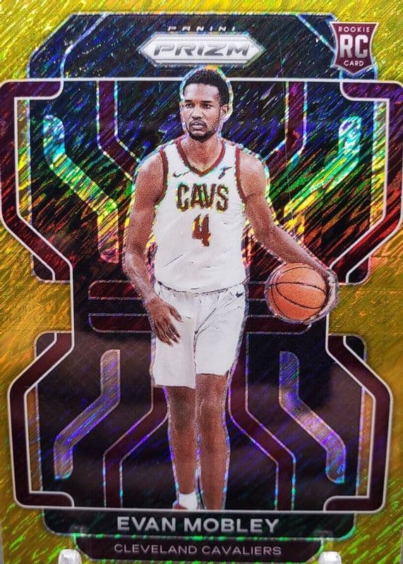 Evan Mobley 2021-22 Panini Prizm Gold Shimmer Rookie #325 numbered to 10 basketball card shown as a no-buy trophy comparison