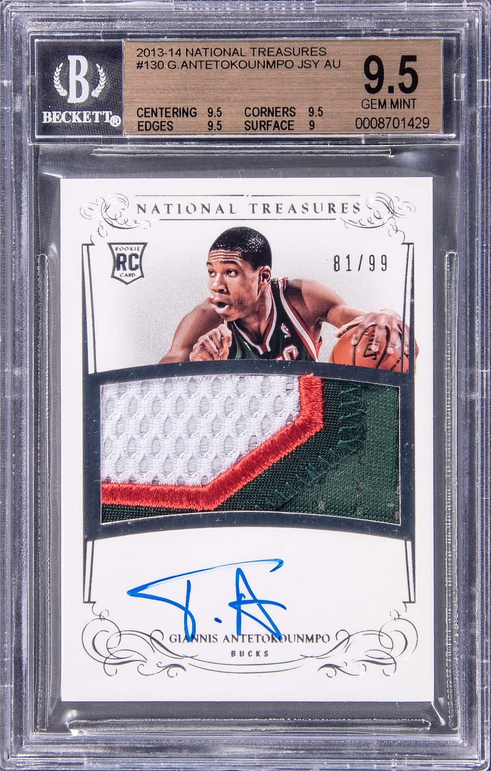 Giannis Antetokounmpo Giannis Antetokounmpo National Treasures Rookie Patch Autograph /99 basketball card