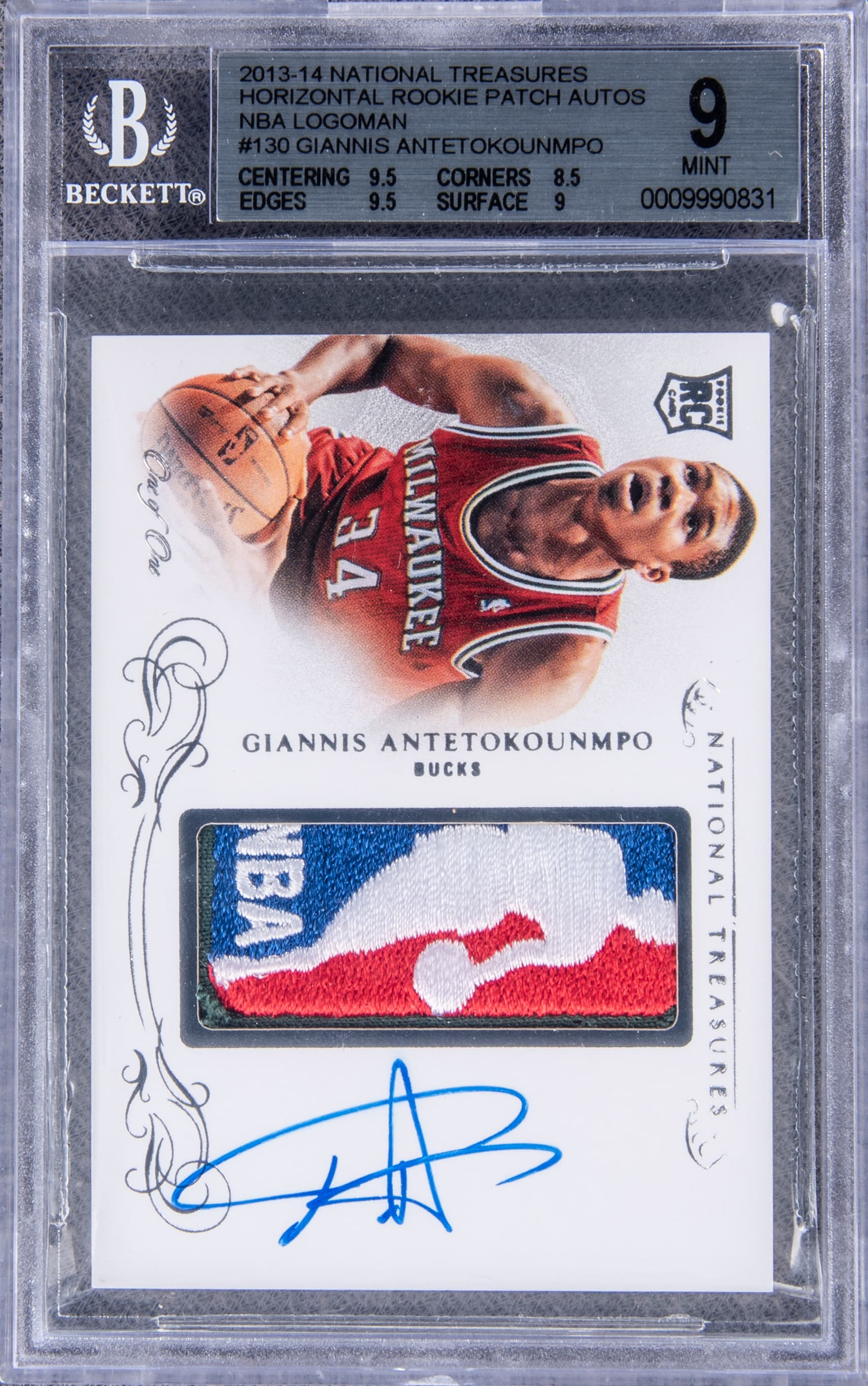 Giannis Antetokounmpo Giannis Antetokounmpo National Treasures Rookie Logoman Autograph 1/1 basketball card