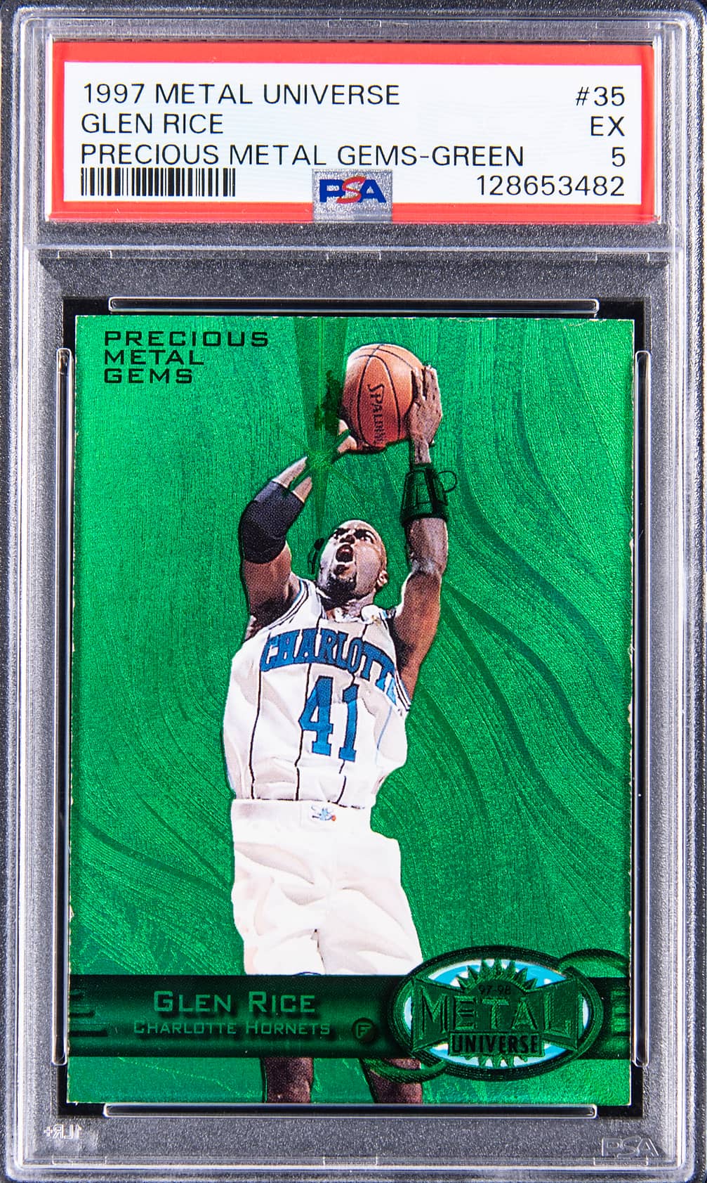 Glen Rice 1997-98 Skybox Metal Universe Precious Metal Gems (PMG) Green #35 Glen Rice (#002/100) - PSA EX 5 basketball card