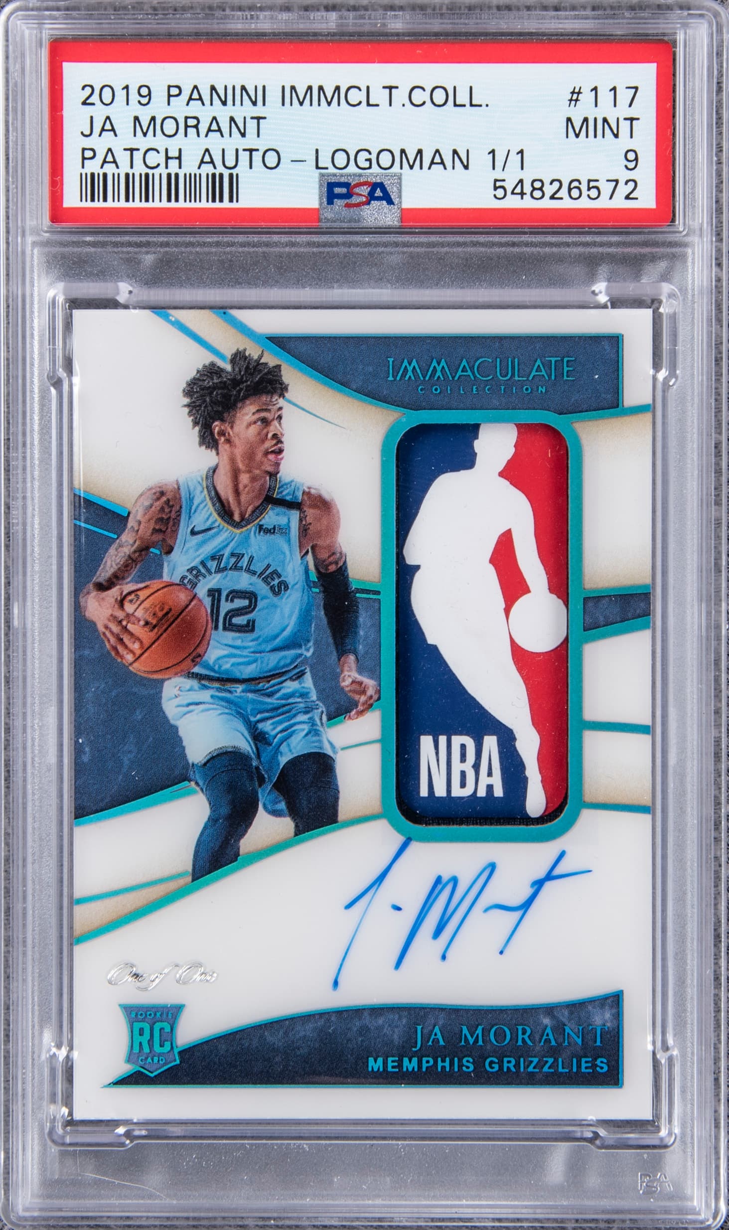 Ja Morant 2019-20 Panini "Immaculate Collection" #117 Ja Morant Signed Logoman Patch Rookie Card (#1/1) – PSA MINT 9 true-scarcity centerpiece representative basketball card