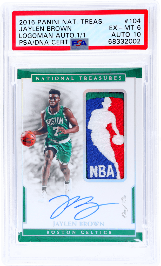 Jaylen Brown 2016 National Treasures Rookie Patch Autograph Logoman Jaylen Brown #104 PSA 6 Auto 10 1/1 true-scarcity centerpiece representative basketball card
