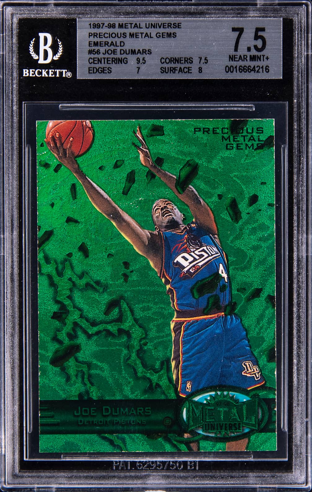 Joe Dumars 1997-98 SkyBox Metal Universe Precious Metal Gems (PMG) Green #56 Joe Dumars (#004/100) - Jersey Number - BGS NM+ 7.5 basketball card