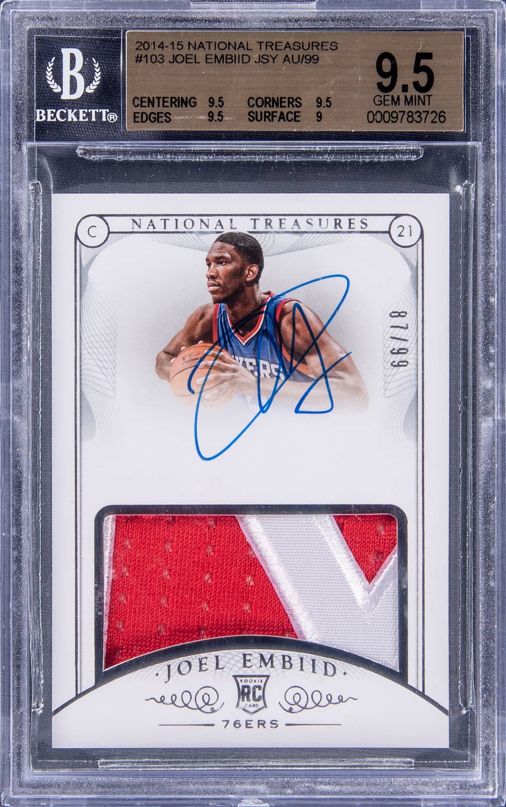 Joel Embiid Joel Embiid National Treasures Rookie Patch Autograph /99 basketball card