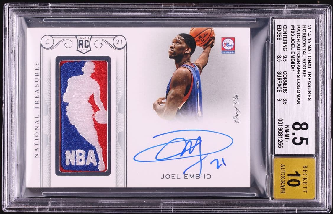 Joel Embiid Joel Embiid National Treasures Rookie Logoman Autograph 1/1 basketball card