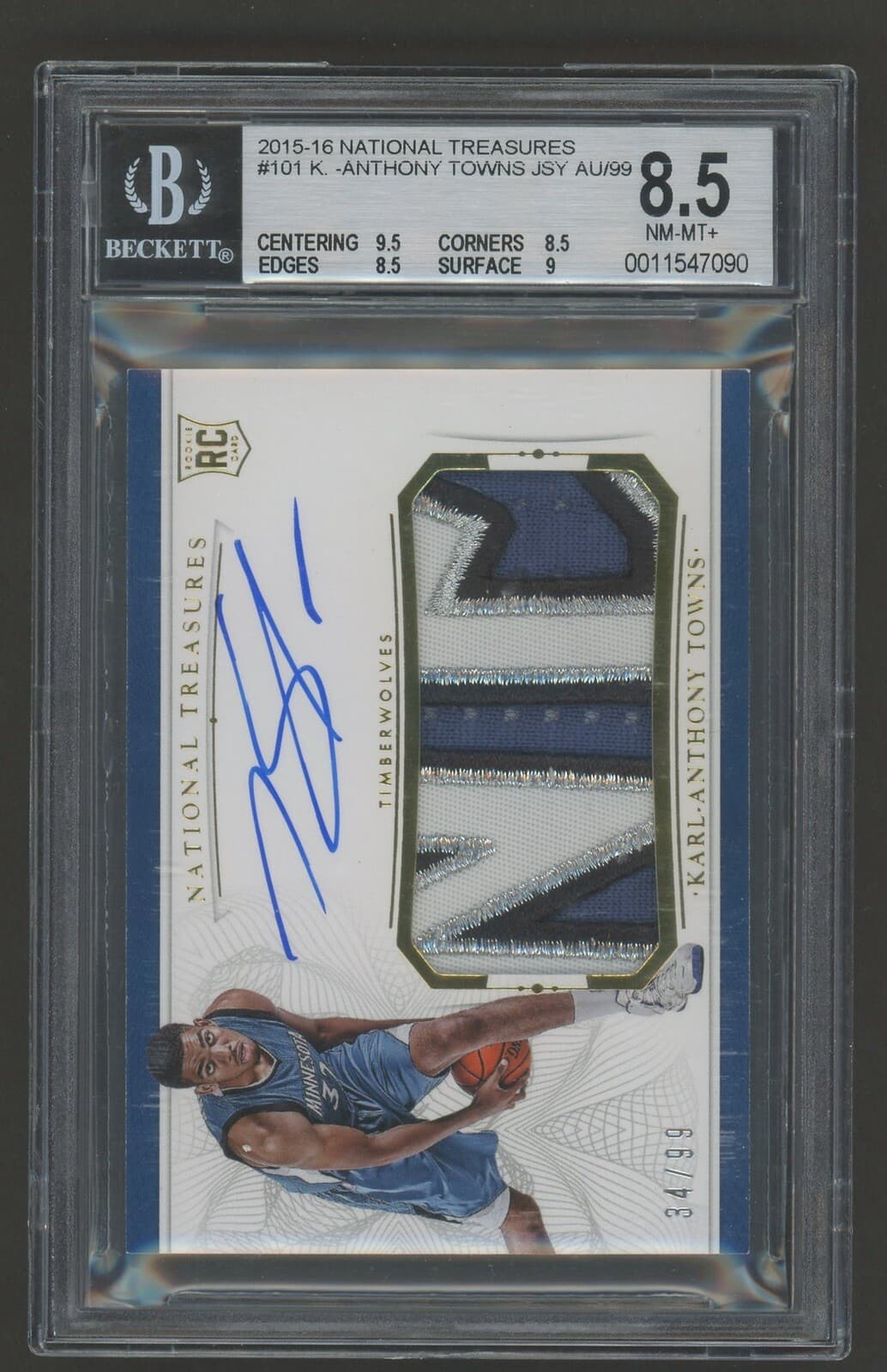 Karl-Anthony Towns 2015-16 National Treasures Karl-Anthony Towns RPA RC Patch AUTO 32/99 BGS 8.5 premium autograph or memorabilia representative basketball card