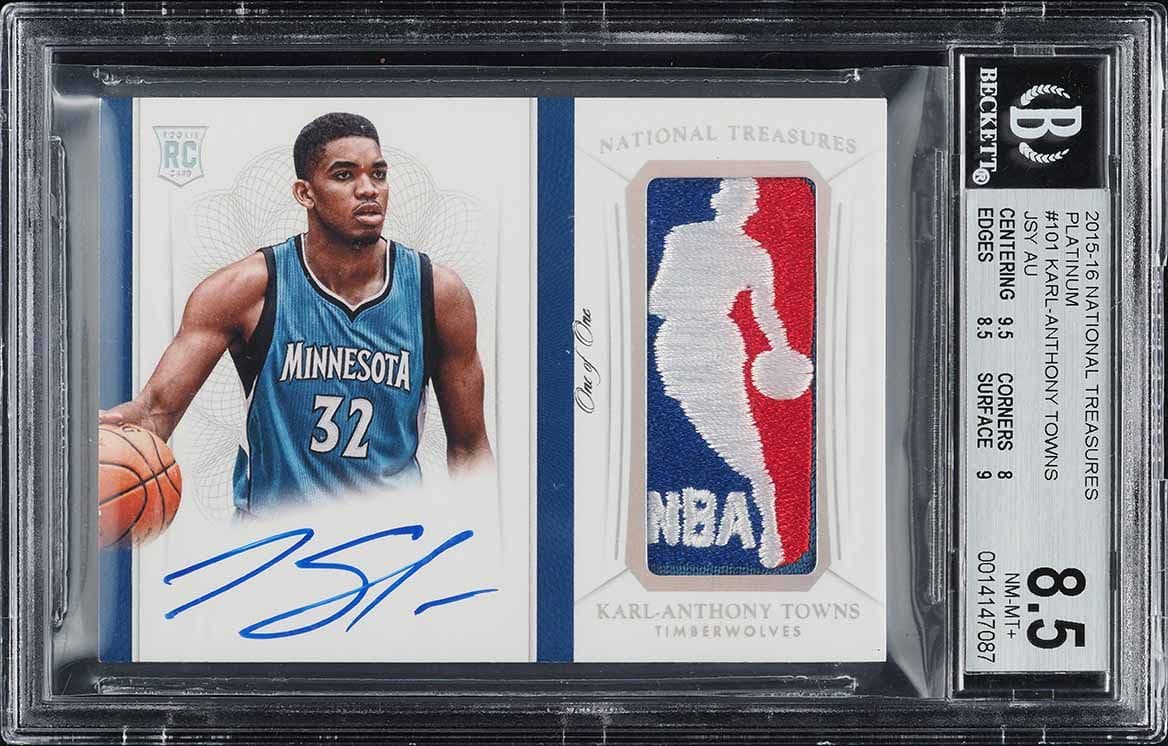 Karl-Anthony Towns 2015 National Treasures Karl-Anthony Towns ROOKIE LOGOMAN PATCH AUTO 1/1 BGS 8.5 scarce and iconic profile anchor basketball card