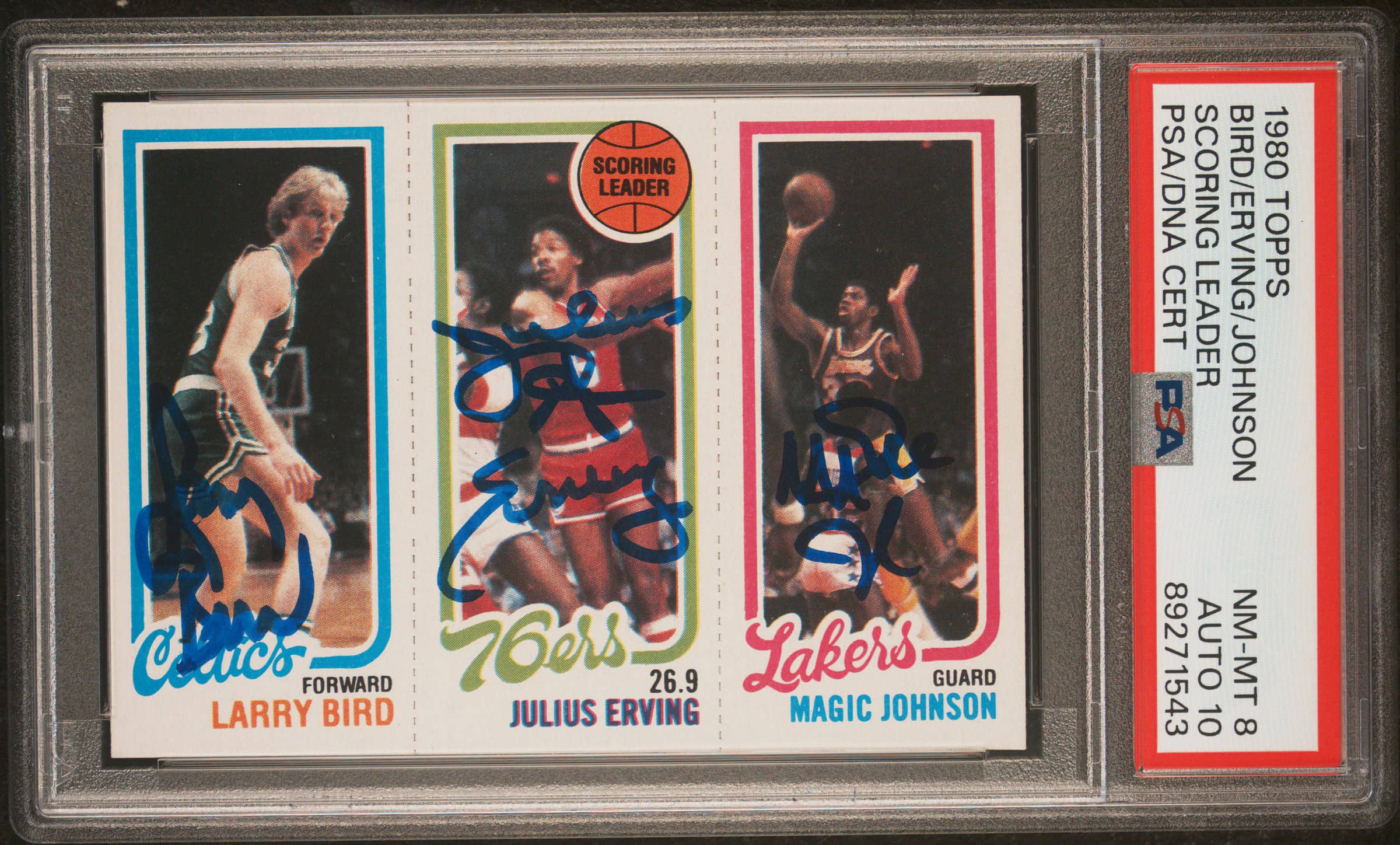 Larry Bird Julius Erving Magic Johnson 1980-81 Topps triple-signed PSA 8 PSA DNA 10 basketball card