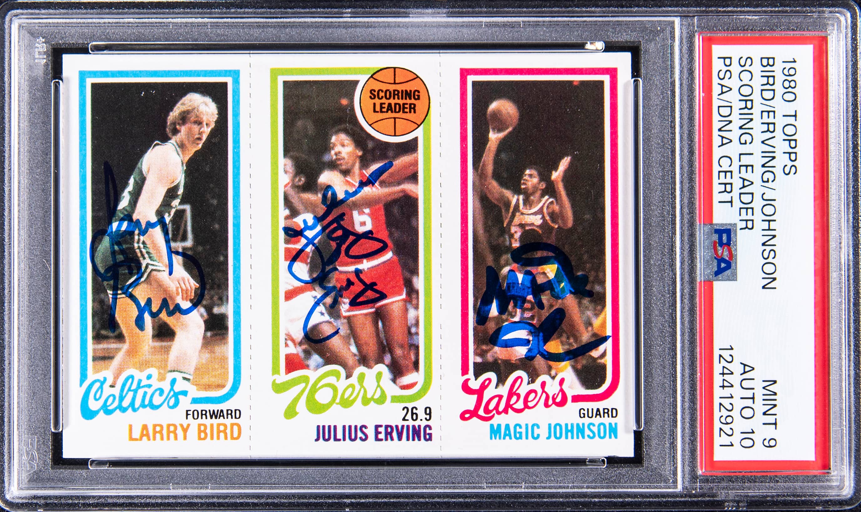 Magic Johnson 1980-81 Topps Bird Erving Magic triple-signed PSA 9 PSA DNA 10 basketball card