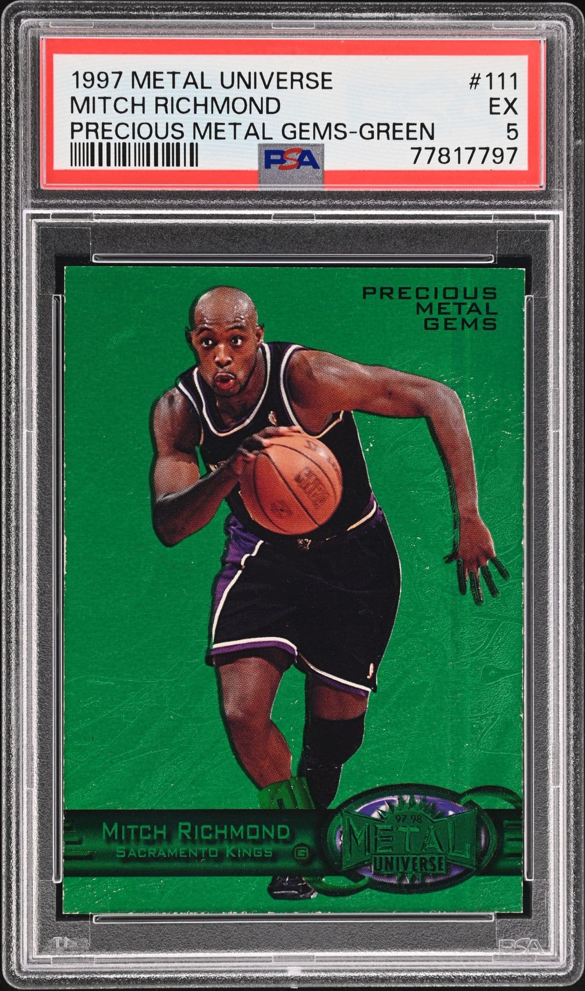 Mitch Richmond 1997-98 SkyBox Metal Universe Precious Metal Gems (PMG) Green #111 Mitch Richmond (#001/100) - PSA EX 5 basketball card