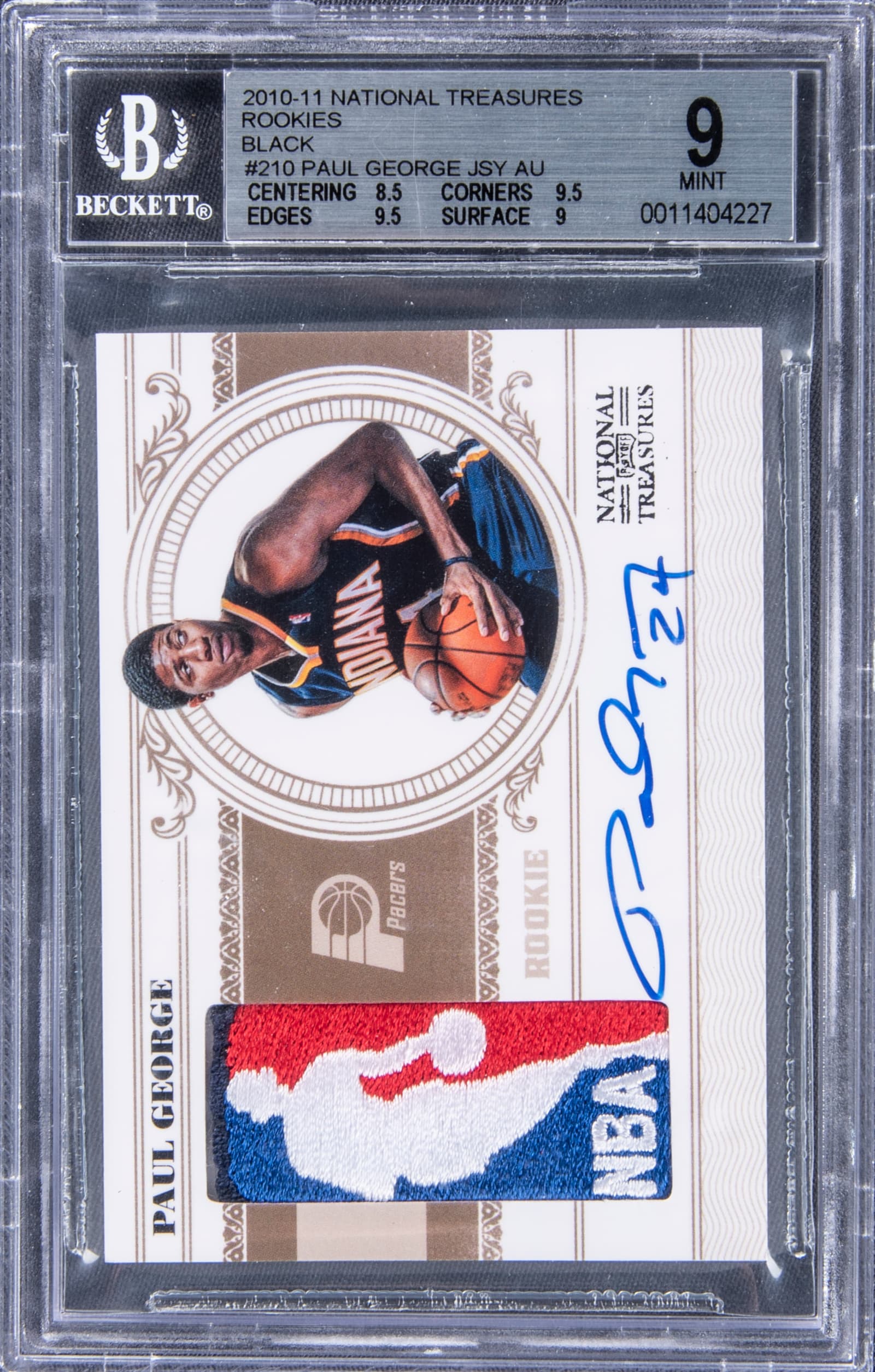 Paul George 2010-11 Panini National Treasures "Rookies" Black #210 Paul George Signed Logoman Patch Card (#1/1) - BGS MINT 9/BGS 10 true-scarcity centerpiece representative basketball card