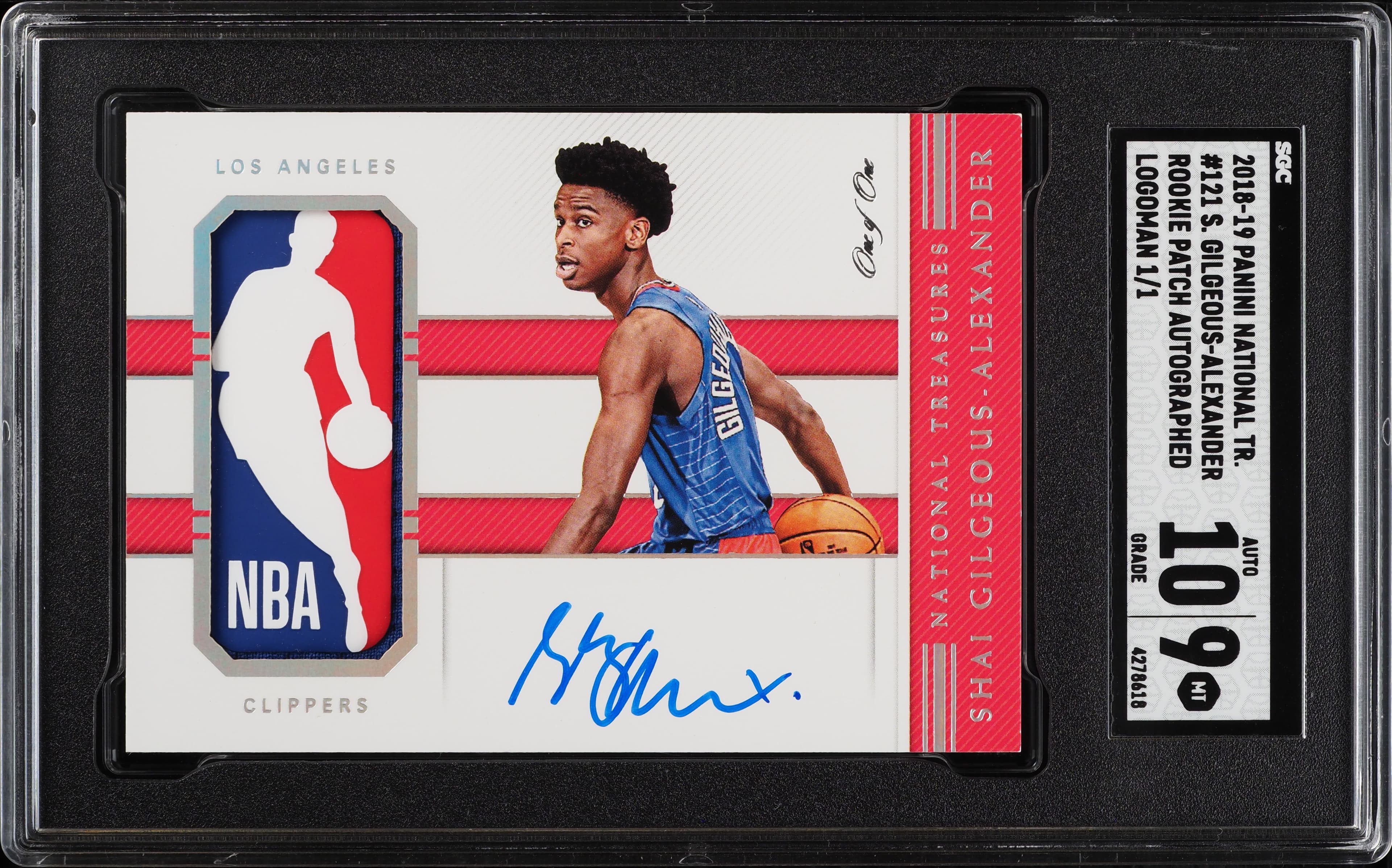2018-19 National Treasures #121 Shai Gilgeous-Alexander Rookie Logoman Patch Autograph 1/1 SGC 9 / Auto 10 basketball card