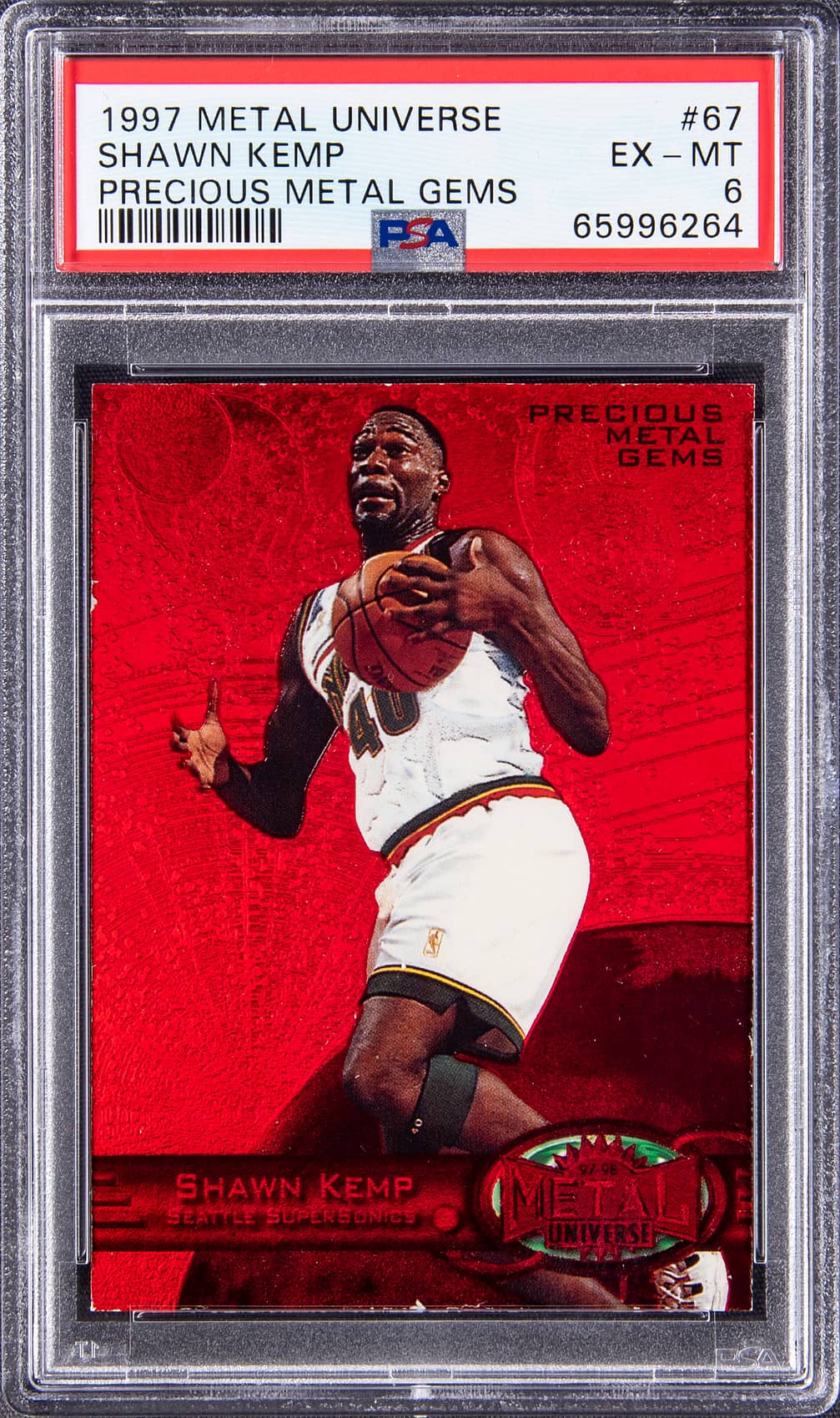 Shawn Kemp 1997-98 SkyBox Metal Universe Precious Metal Gems (PMG) Red #67 Shawn Kemp (#079/100) – PSA EX-MT 6 basketball card