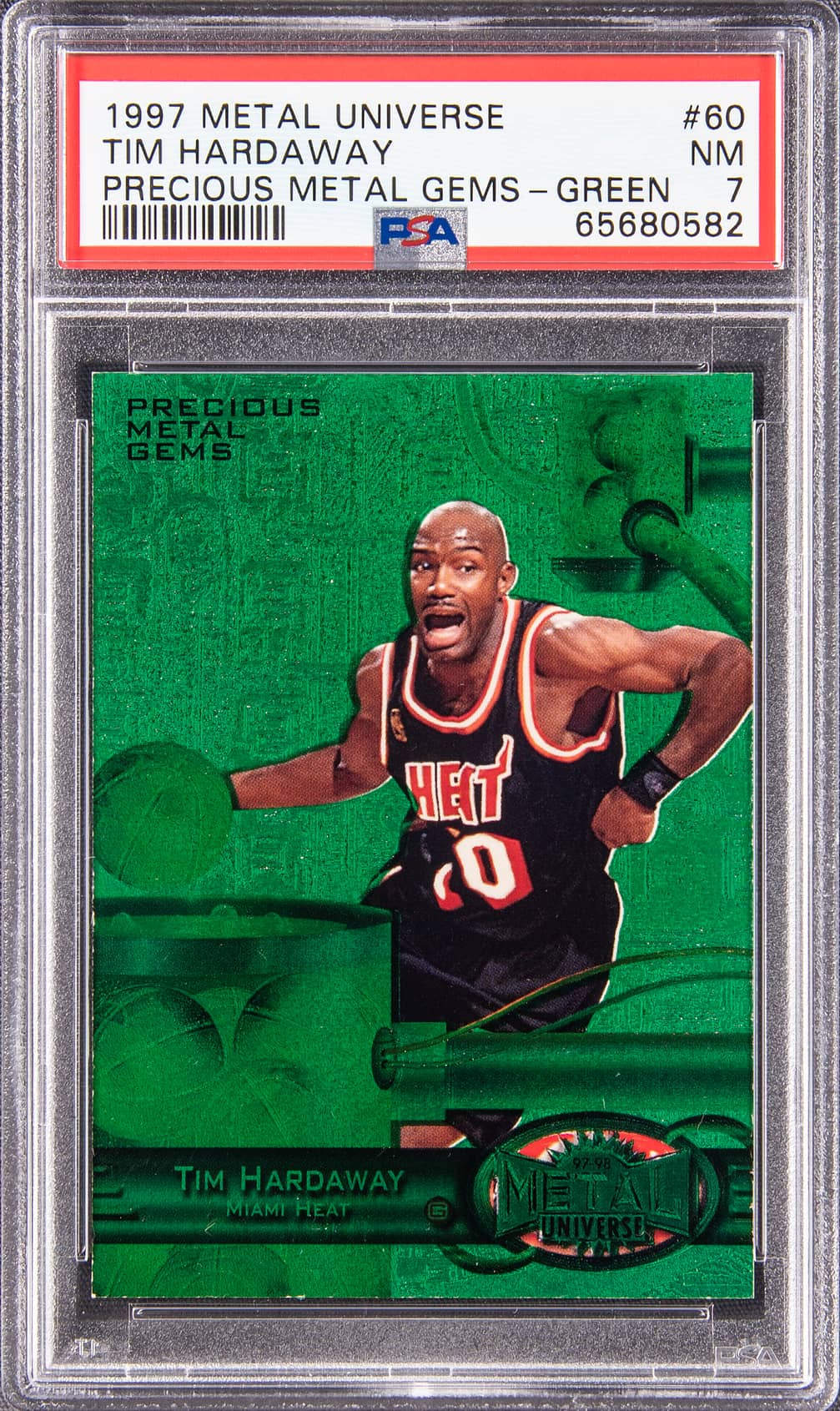 Tim Hardaway 1997-98 SkyBox Metal Universe Precious Metal Gems (PMG) Green #60 Tim Hardaway (#009/100) – PSA NM 7 – Pop 2 basketball card