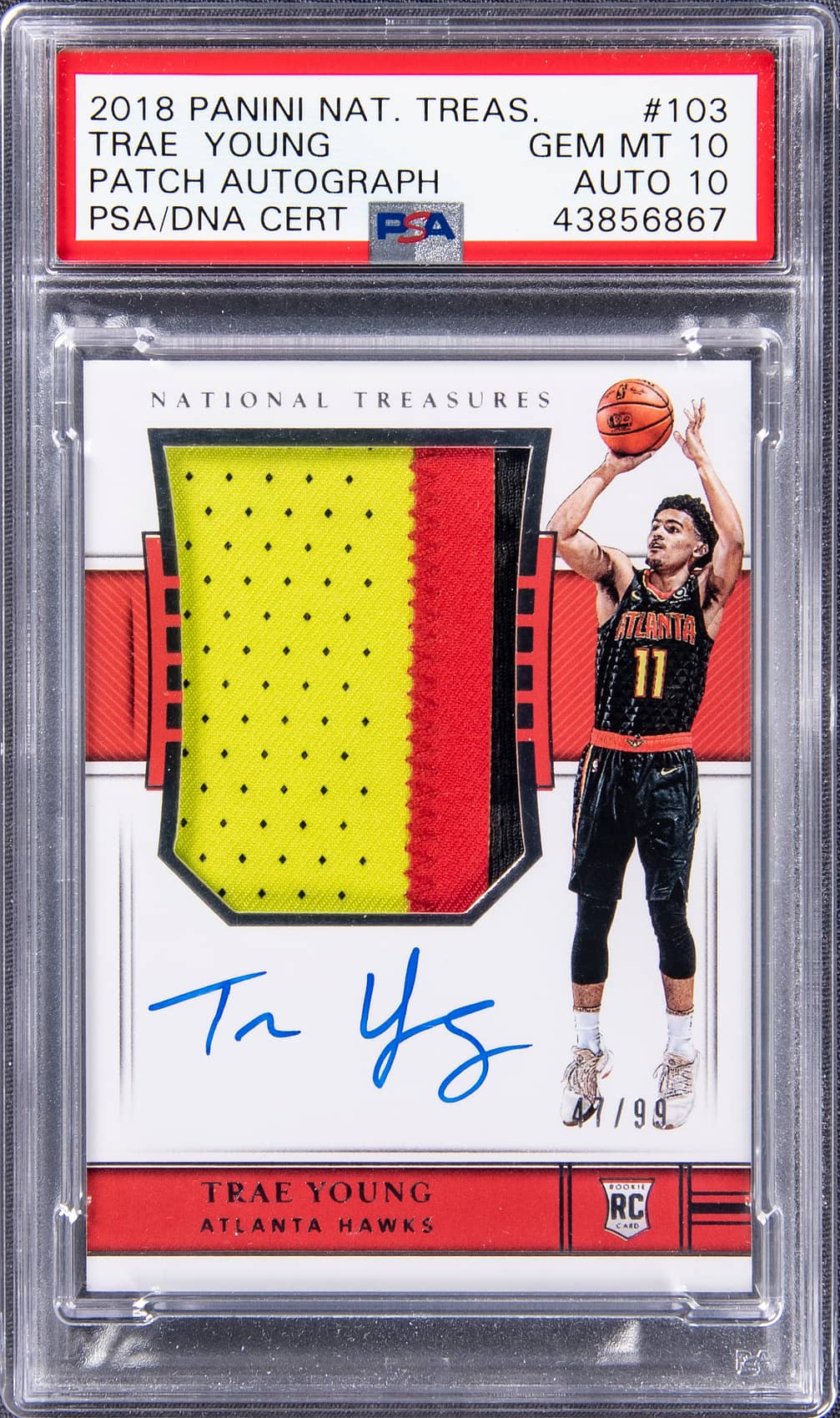 Trae Young 2018-19 Panini National Treasures Rookie Patch Autographs #103 Trae Young Signed Patch Rookie Card (#47/99) - PSA GEM MT 10, PSA/DNA 10 premium autograph or memorabilia representative basketball card