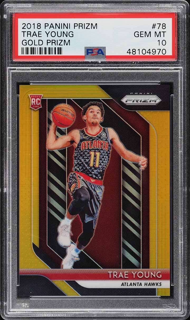 Trae Young 2018 Panini Prizm Gold Prizms Trae Young ROOKIE /10 #78 PSA 10 GEM MINT scarce and iconic profile anchor basketball card