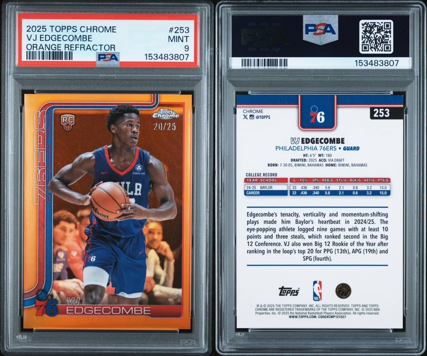 2025-26 Topps Chrome Orange Refractor VJ Edgecombe Rookie /25 basketball card