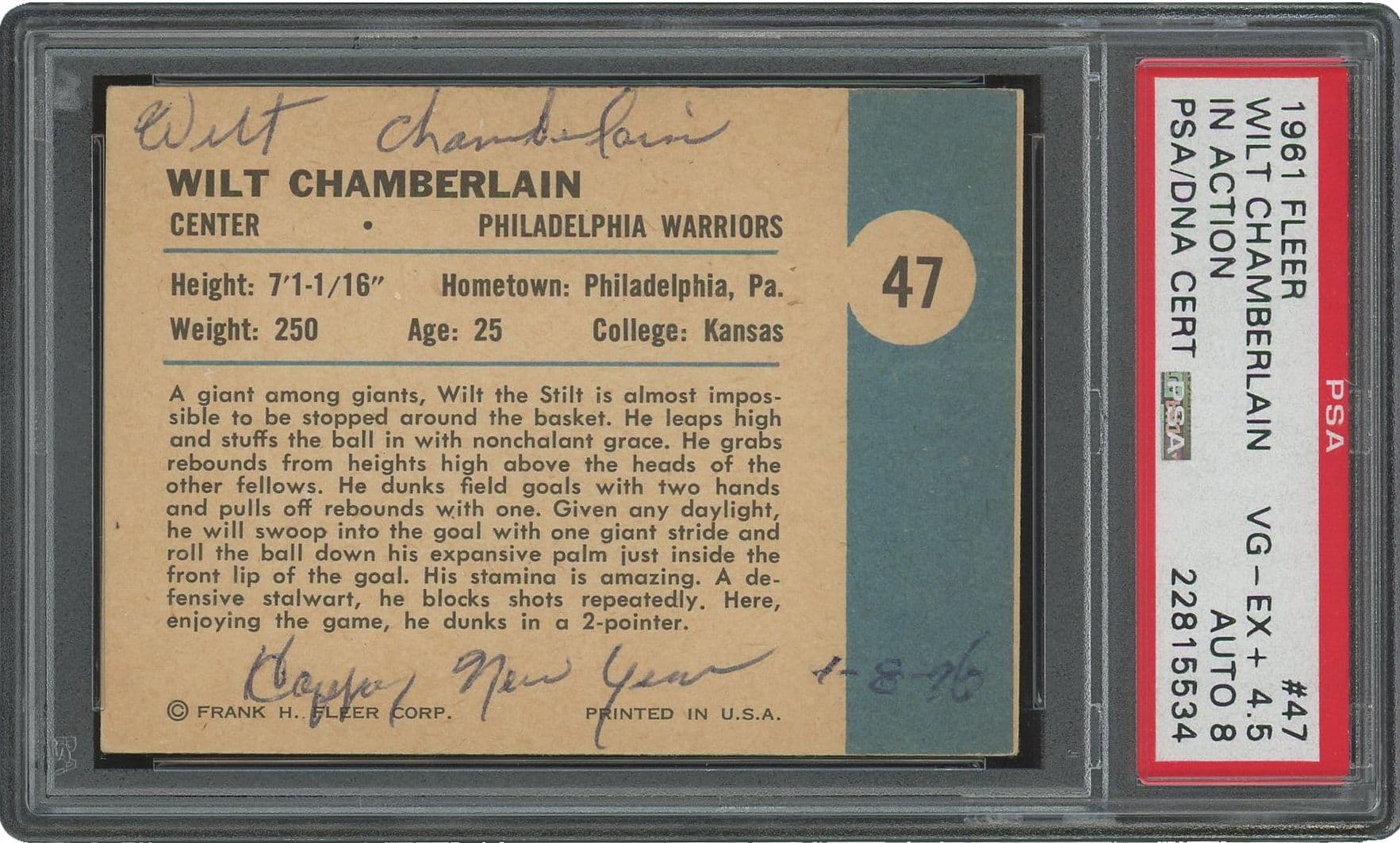 Back-signed 1961-62 Fleer Wilt Chamberlain In Action #47 basketball card